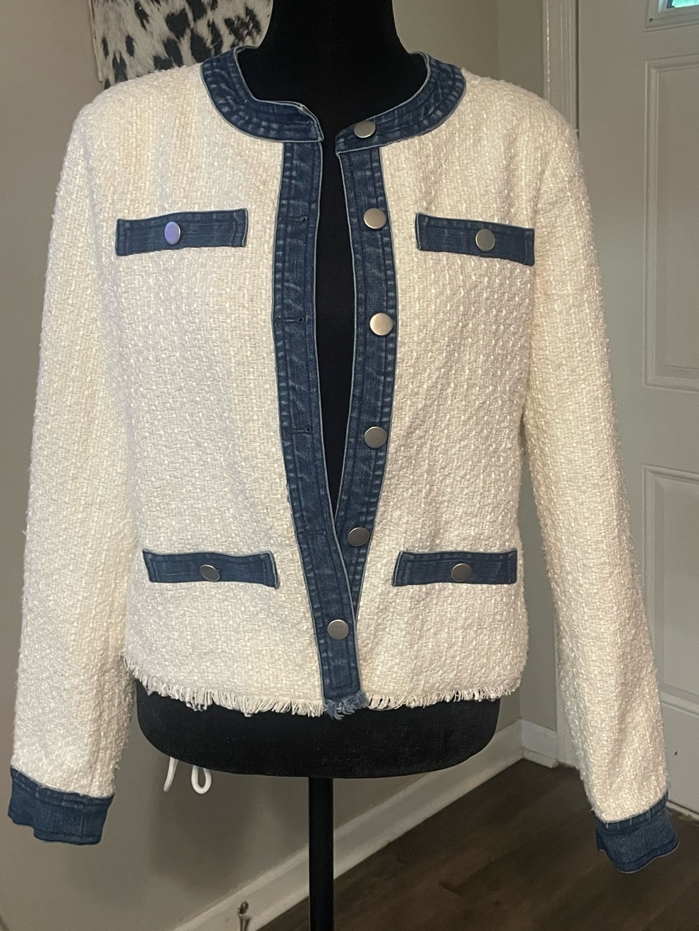 ecru mixed media Tweed Jacket with Denim Trim Small clueless career top
